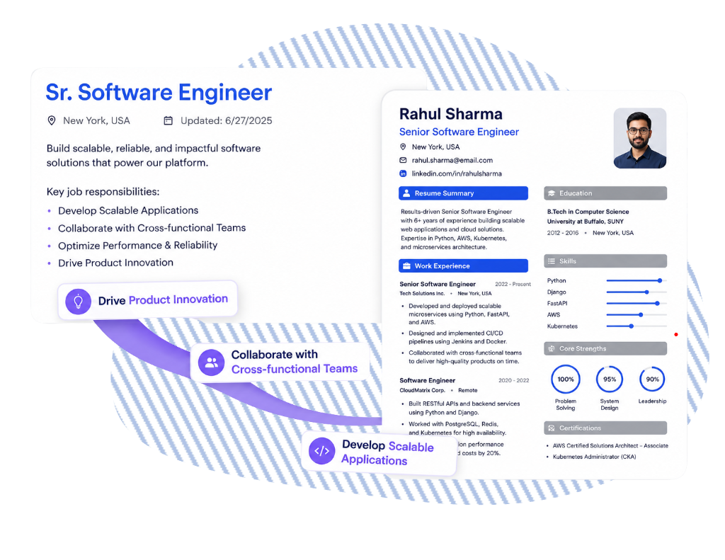 Job description scored against a candidate resume with skills and strengths